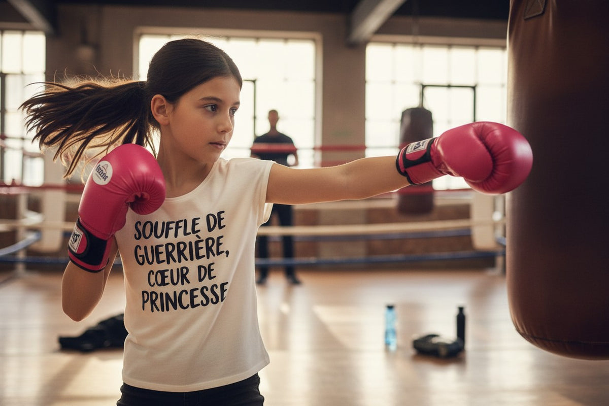 T-shirt enfant « Souffle de guerrière, cœur de princesse » – adaptée, ouverture épaules
